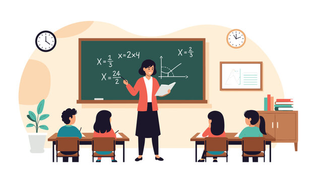 Friendly female teacher standing at a green chalkboard explains complex mathematical equations to a class of attentive young students.