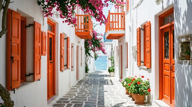 Picturesque whitewashed alleyway in a Greek island village features vibrant striking orange painted doors and lovely pink bougainvillea.