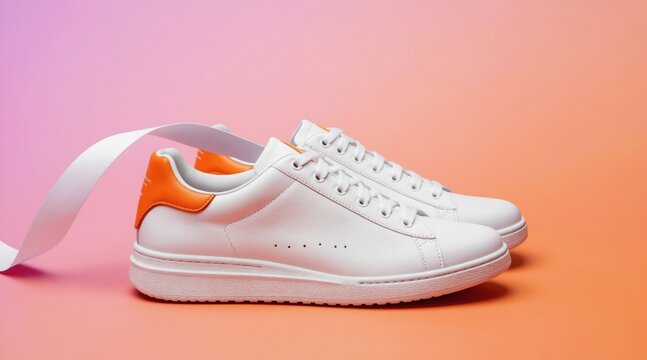 Pair of white leather sneakers with orange accents. Classic low top shoes with white laces. Fashionable footwear styled on gradient background with ribbon.