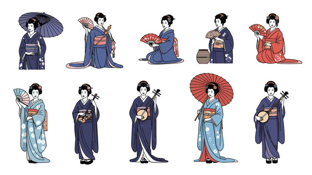 Traditional Japanese geisha characters are presented in various elegant poses while wearing colorful kimonos and holding fans or umbrellas.