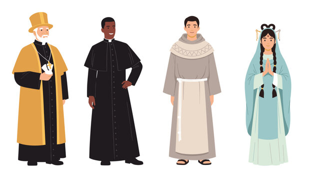Group of religious leaders from different faiths, including a priest, monk, and nun, stand together in traditional vestments and robes.
