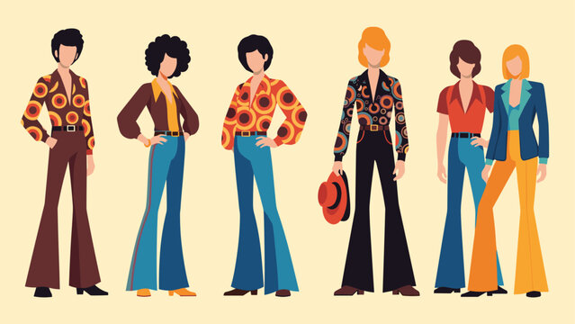 Group of people dressed in vibrant 1970s disco fashion, featuring flare pants and patterned shirts, pose confidently in a retro lineup.
