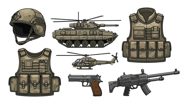 Modern military equipment set includes a camouflage tank, helicopter, tactical gear, helmet, rifle, and handgun for combat themes.