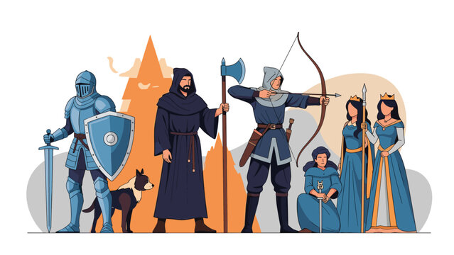 Medieval character collection features a knight in armor, a monk, an archer with a bow, and royalty standing in front of castle shapes.