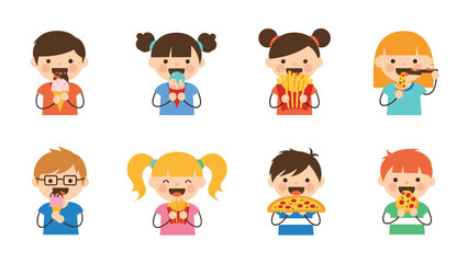 Obraz premium Happy children eating various delicious snacks including ice cream cones, crispy french fries, and tasty pepperoni pizza slices.