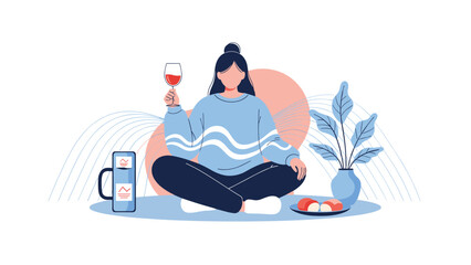 Obraz premium Relaxed woman sitting cross legged on the floor while enjoying a glass of red wine and snacks in a calm and peaceful home environment.