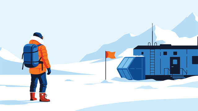 Brave explorer wearing an orange winter jacket and carrying a blue backpack standing in a snowy landscape near an arctic station.