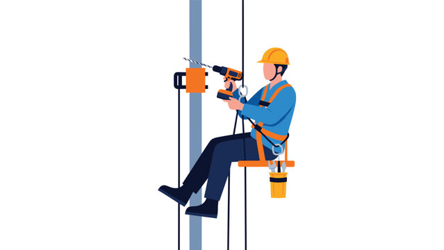 Skilled technician wearing a safety harness and hard hat using a power drill while working at a height on a utility pole structure.