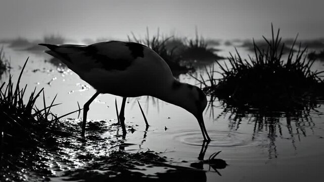 Black and white silhouette of a bird drinking water at dawn in a tranquil wetland environment