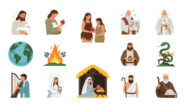 Comprehensive set of biblical illustrations featuring Adam and Eve, Moses with the commandments, and the nativity scene of Jesus.
