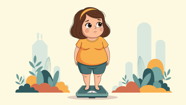 Sad young girl standing on a bathroom scale and looking concerned about her weight against a background of abstract organic shapes.