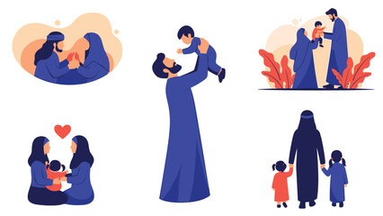 Fototapeta premium Diverse scenes of Muslim families including a father playing with his son and parents spending time with their daughters.