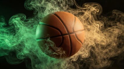 Fototapeta premium A dynamic basketball surrounded by swirling green and yellow smoke against a dark background.