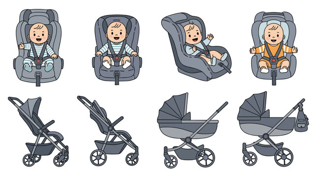 Selection of essential baby gear including various types of car seats and strollers for safe travel and convenience with infants.