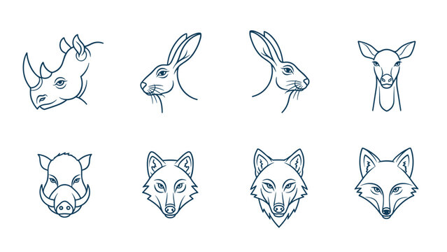Collection of minimalist line art portraits of wild animals including rhino hare deer boar wolf and fox heads in profile view.