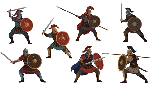 Group of ancient Roman or Greek warriors equipped with helmets, swords, and round shields in various dynamic combat positions.