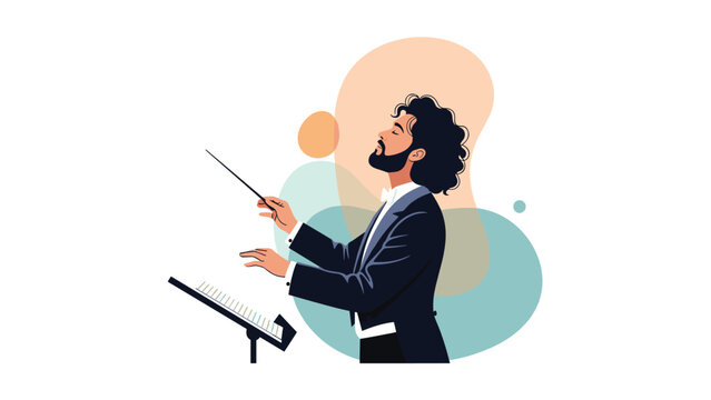 Orchestral conductor in a black tuxedo leading with a baton against a backdrop of soft abstract colored shapes and music.