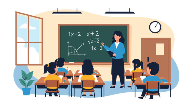 Primary school teacher standing at a chalkboard explaining math equations to a group of young students in a classroom.
