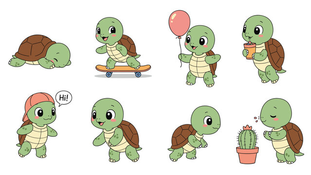 Cute little turtle character engaged in different fun activities such as skateboarding holding a balloon and drinking juice.