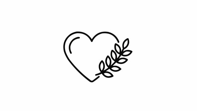Heart symbol with leaves in minimalist style, black and white design
