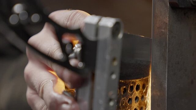 Knife is sharpened by blacksmith in workshop during making