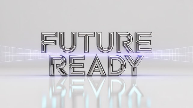 Future ready text glows with metallic shine against a clean and bright white.