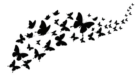 Black Butterfly Swarm Silhouette Flying in a Wave Formation on White Background © purnama