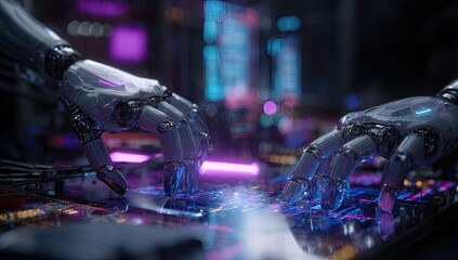 Fototapeta premium Robotic hands interact with glowing futuristic circuitry