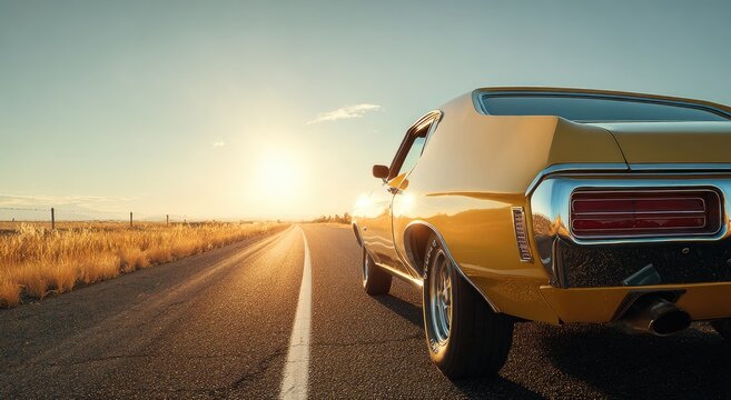 Classic Yellow Muscle Car Driving on Desert Highway at Sunset.