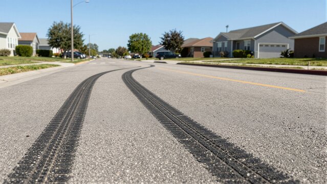 Close-up of distinct tire skid marks on a sunlit, textured asphalt road in a quiet suburban neighborhood with houses and green lawns.