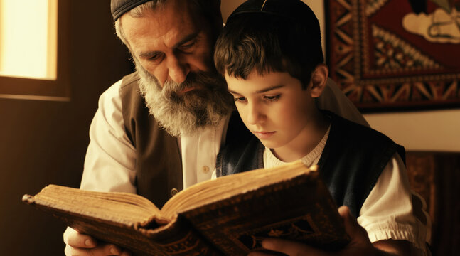 Elderly man with grey beard and boy wear kippahs read ancient book. Grandfather guides grandson in study. Family shares heritage and wisdom, passing down knowledge through generations.
