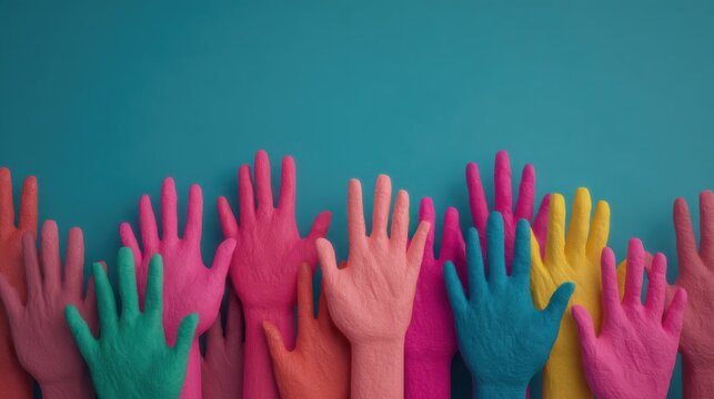 Many Multi Colored Hands Raised Together Symbolizing Diversity Unity Teamwork and Social Inclusion During Community Charity Support Campaign