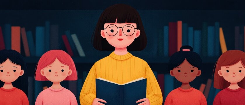 Smiling Teacher with Glasses Reading Open Book to Diverse Students in Library Encouraging Education Literacy and Community Learning Support