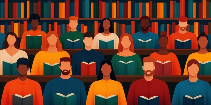 Diverse Group of Students Reading Books Together in Modern Library Classroom Setting Highlighting Collaborative Learning and Academic Literacy Culture