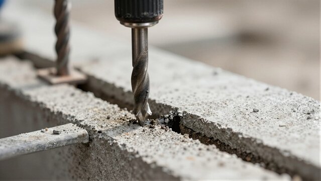 Close-up of a drill bit penetrating concrete to repair cracks with epoxy injection.