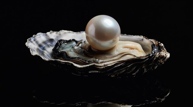 White pearl rests in open oyster shell on black background. Close up studio shot shows marine mollusk with precious gem inside. Natural beauty and wealth symbol.