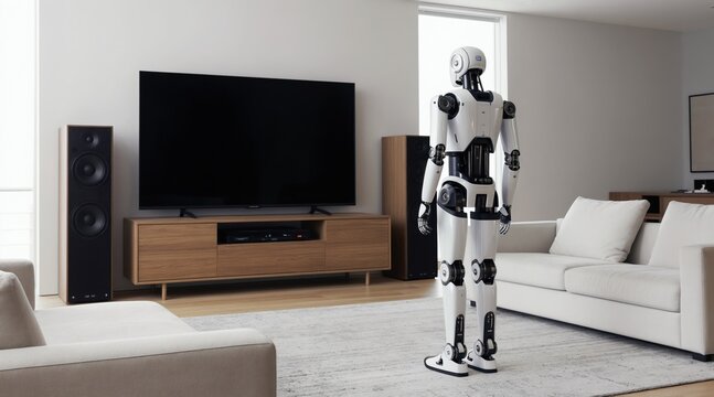 Humanoid robot stands in modern living room near tv and speakers. Futuristic android observes entertainment system, clean white interior. Domestic helper bot with advanced tech inside home.