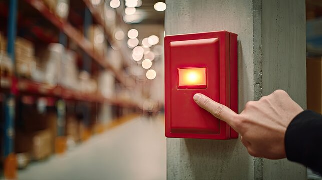 Finger pressing bright red alarm button in warehouse