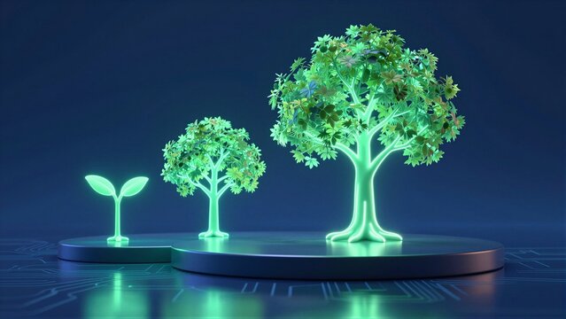 Neon green wireframe trees on circuit board background symbolizing business growth and technology.