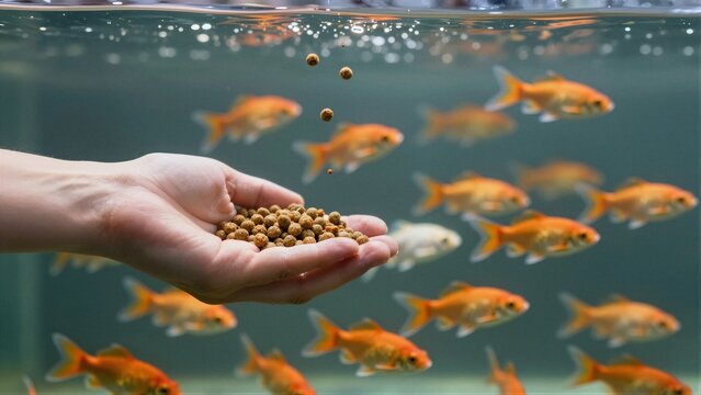 A person's hand holds and drops goldfish food pellets into an aquarium filled with swimming golden fish.