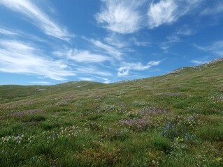 Fototapeta premium Rolling Alpine Meadow Wild Flower Hillside, Bright Summer Nature Landscape