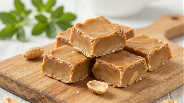 Squares of creamy peanut butter fudge with peanuts on a rustic cutting board, surrounded by fresh green leaves.