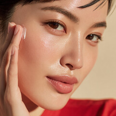 Obraz premium Radiant Thai woman applying skincare product on her face, healthy and glowing skin. image captures moment of beauty and self care, emphasizing importance of skincare routines