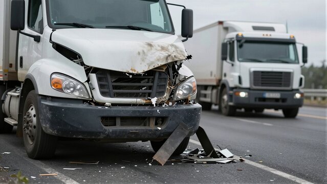Crashed white semi-truck on highway with severely damaged front end, debris scattered, another truck in background.