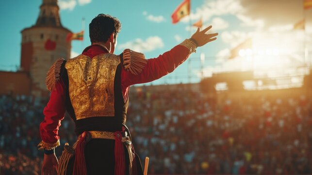 A matador in ornate red attire gestures toward a crowded arena, sunlit, flags waving