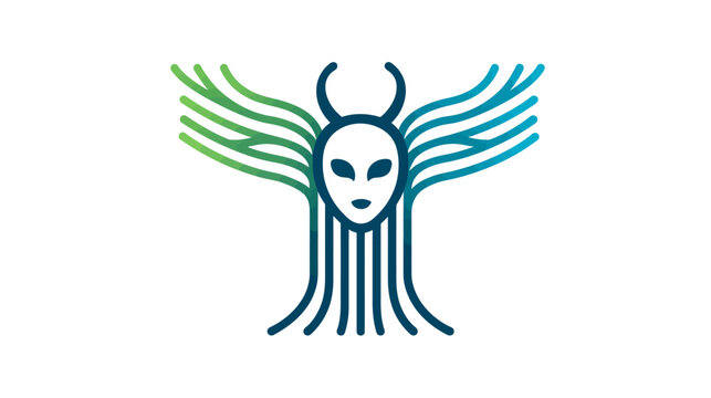 Abstract nature spirit mask with flowing organic lines in green and blue gradient, mystical forest creature concept