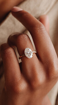 Detailed view of elegant ring featuring large oval diamond set on gold band, held delicately by hand with rich skin tone. image conveys sense of luxury and beauty