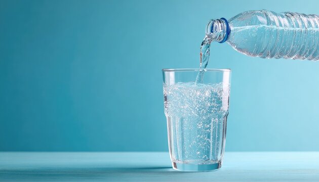 Clear water pouring from plastic bottle into faceted glass on table