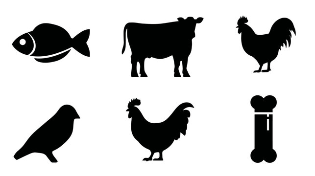 Set of diverse animal silhouettes including fish, cow, rooster, bird, chicken, and bone icons for graphic design.