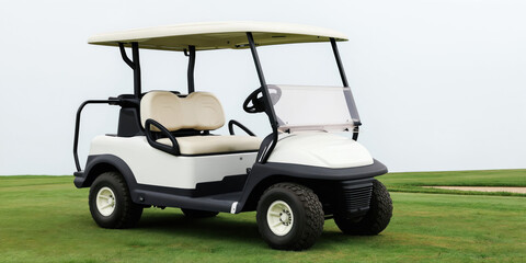 White golf cart with beige seats sits on green grass. This vehicle is used for transport on golf courses, for leisure activities and sport. Outdoor scene.